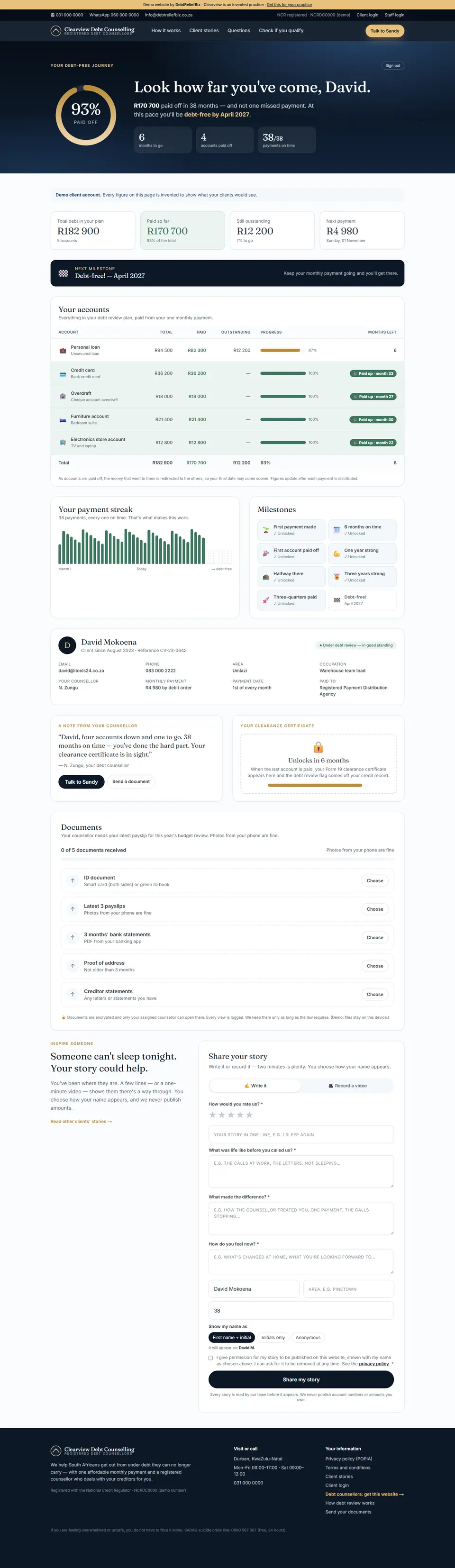 Full-page screenshot: Client dashboard — David, 6 months to go