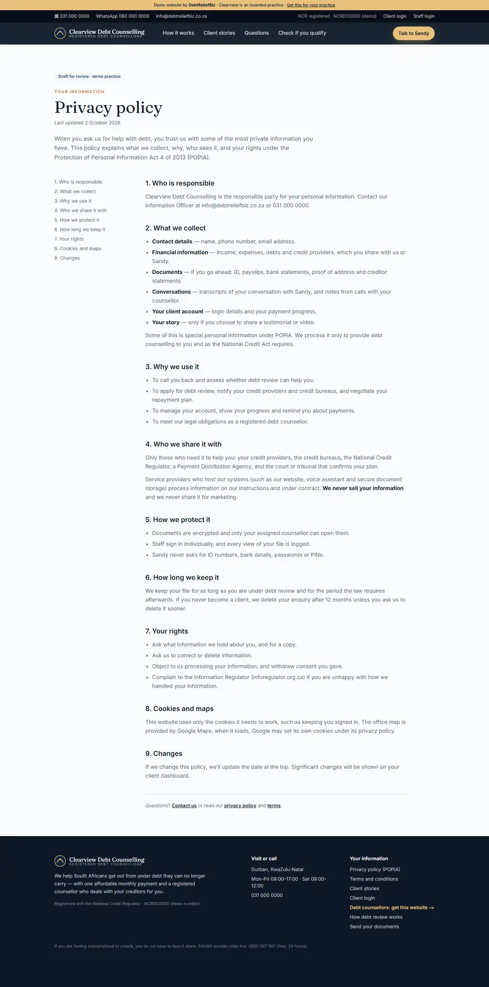 Full-page screenshot: Privacy policy (POPIA)