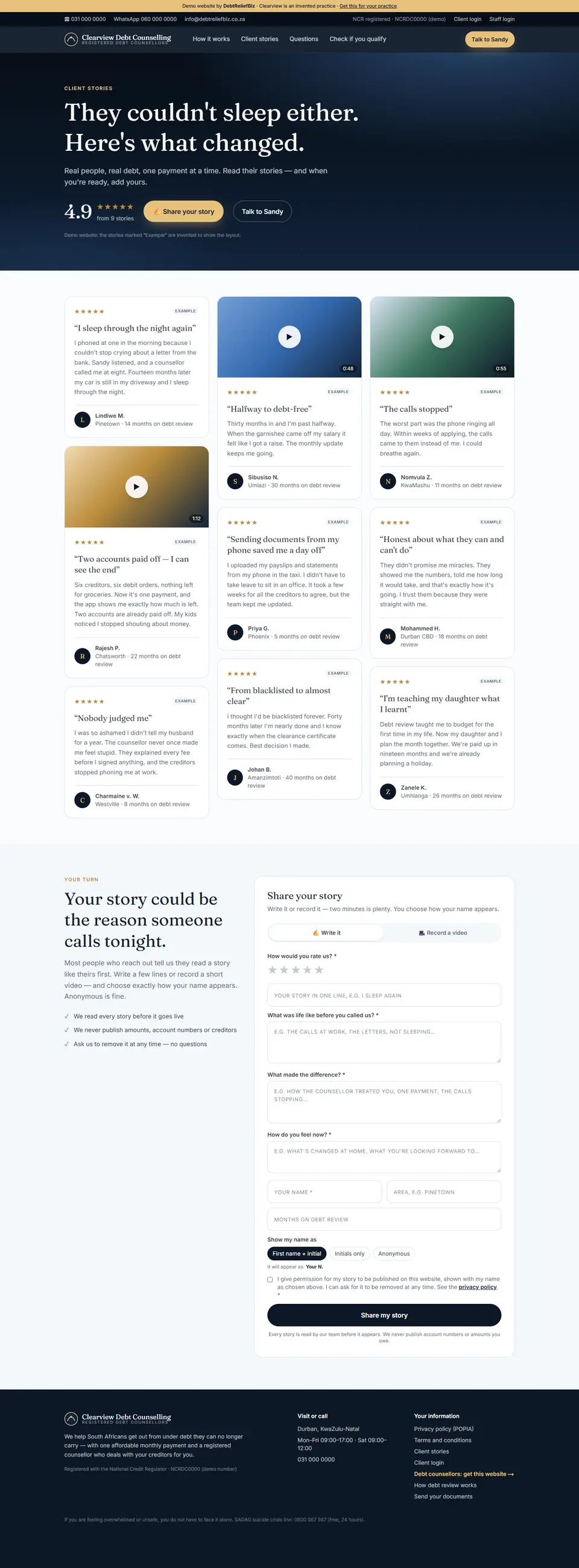 Full-page screenshot: Client stories + Share your story