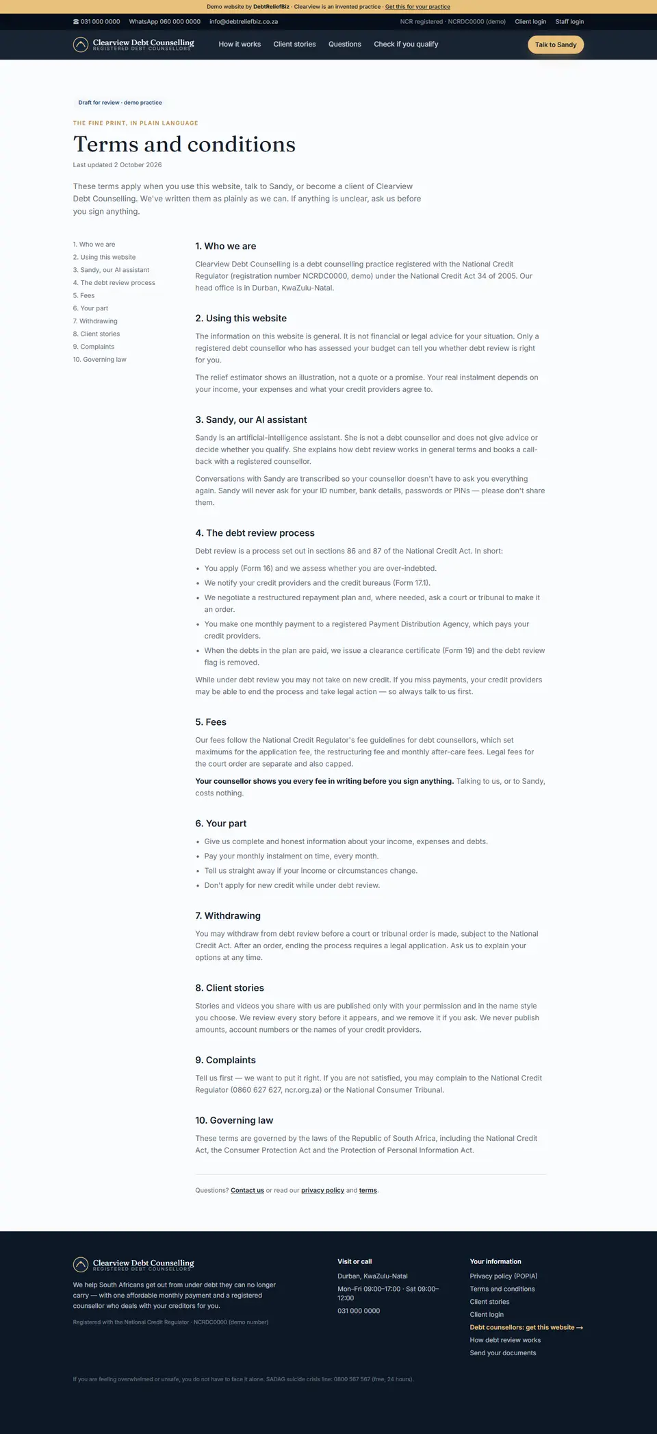 Full-page screenshot: Terms and conditions